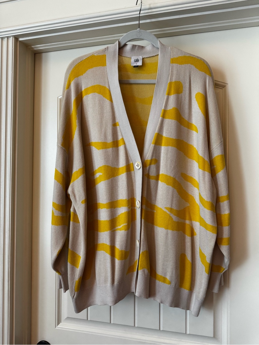 CAbi Beige and Yellow Abstract Stripe Cardigan